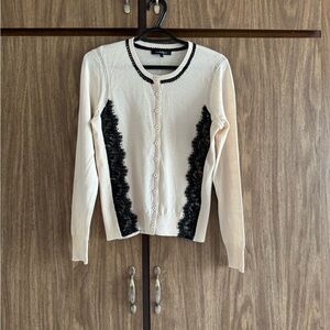 Nanette Lepore Cream Sweater with Black Lace Trim 100% Merino Wool